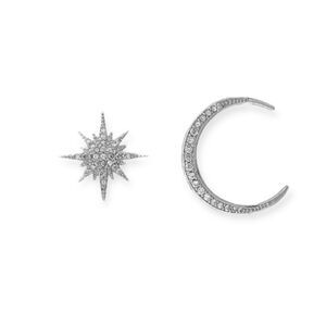 Silver Celestial Star & Moon Asymmetric Post Earrings